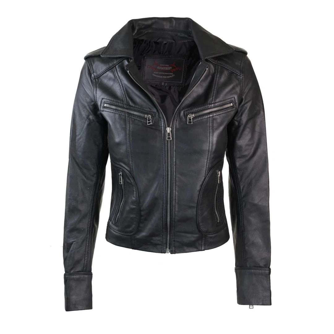 Lederjacke Damen Slim Fit: Schwarzer Biker-Traum für deinen stilvollen Auftritt!