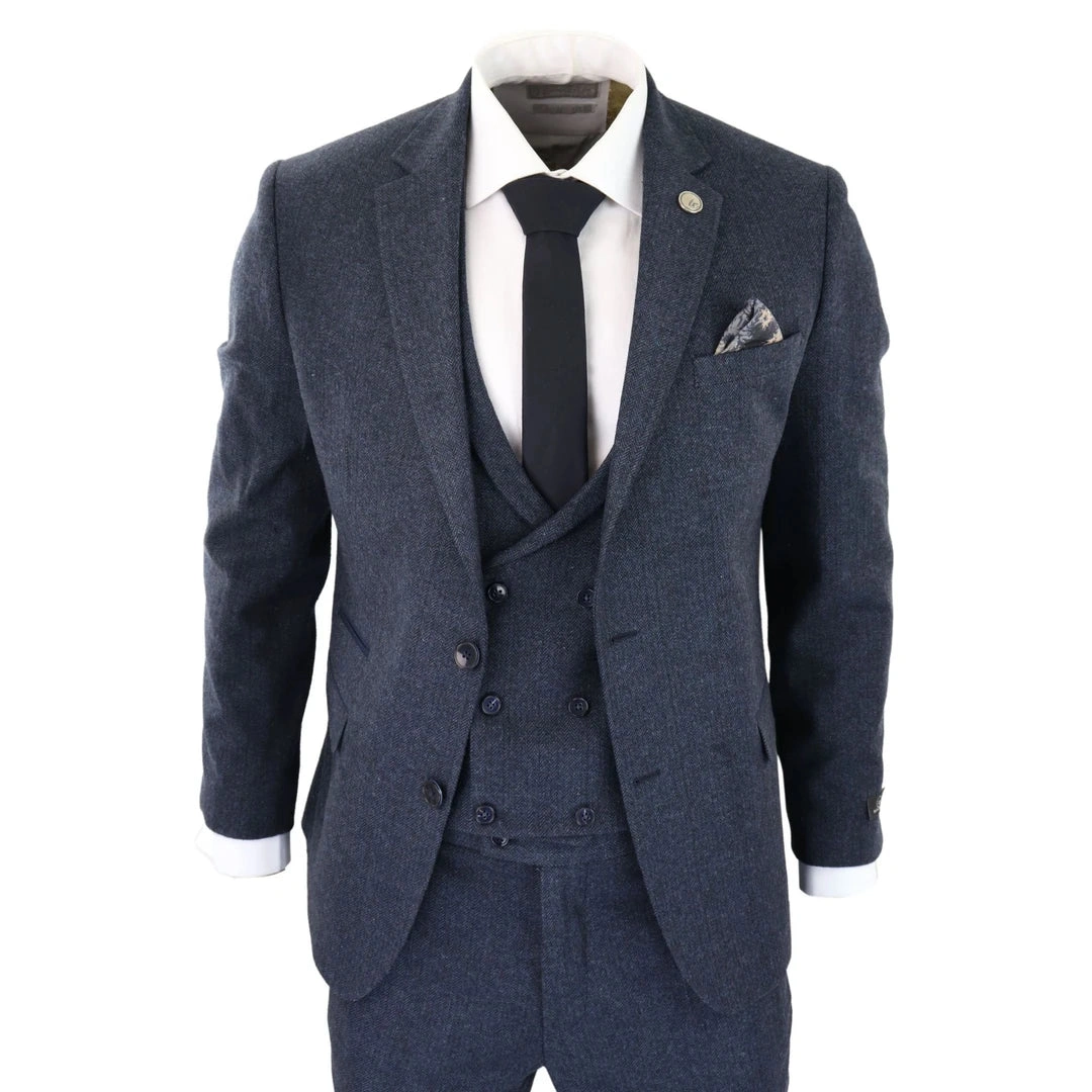 Blauer Tweed-Anzug für Herren: Dreiteiler mit Weste – Stilvoll & Elegant.