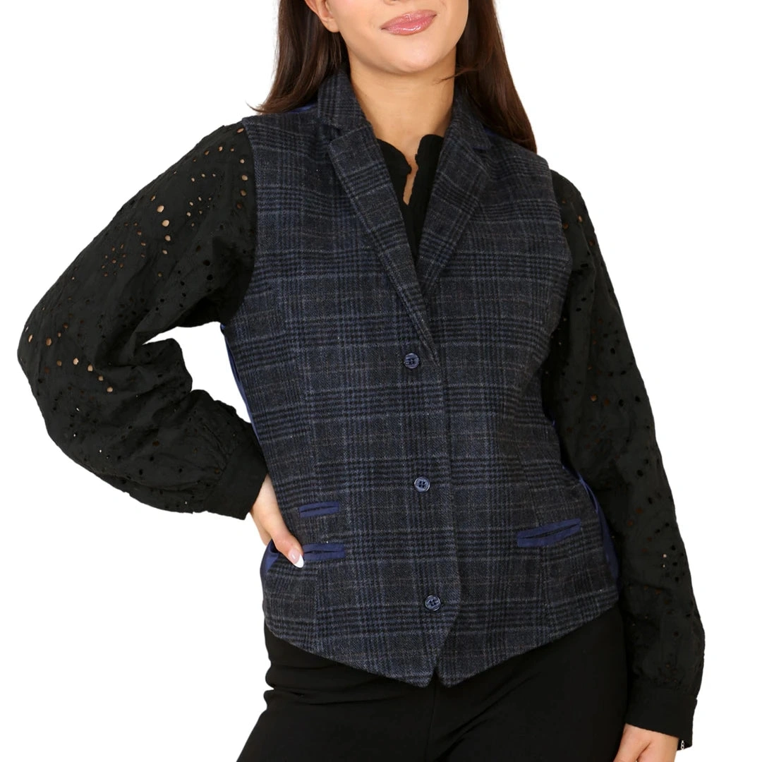 Blauer Tweed-Check Blazer für Damen: Stilvolle Weste und Anzug für einen eleganten Auftritt.